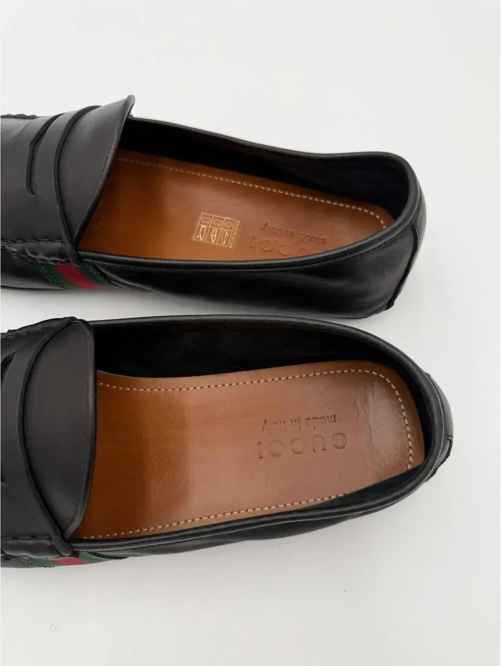 Gucci Web Stripe Driver Loafers Black Leather Mens Size 9